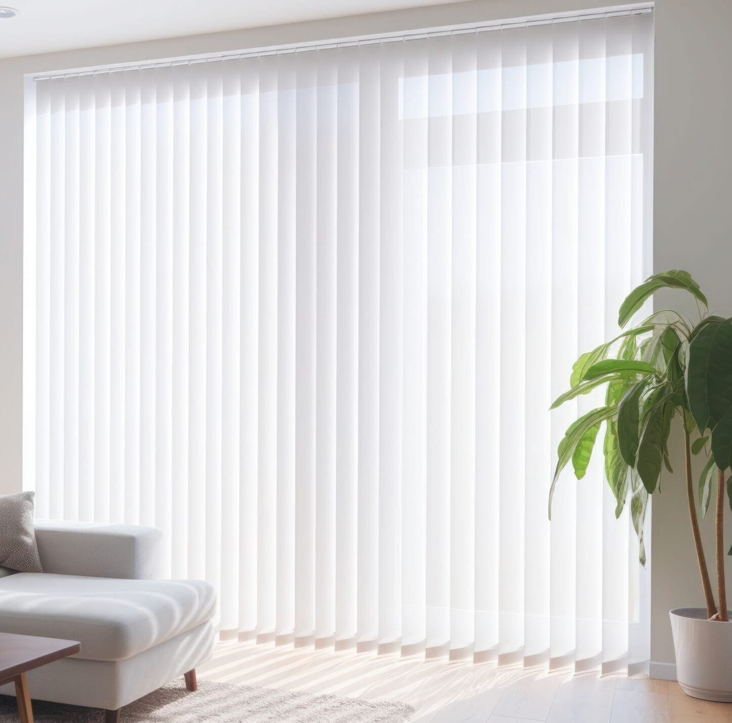 There are white roller blinds on the windows in the living room. The room has indoor plants and light sofa