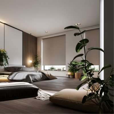 luxurious blackout roller blinds as focal point, elegant window treatment, soft diffused light, modern Euro-American interior, white walls, warm color palette, cozy living room or bedroom setting